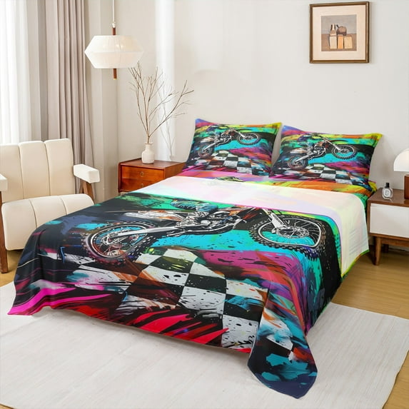 Manfei Kids Motorcycle Twin Sheet Sets,Colorful Splatter Ink Twin Fitted Sheet,Extreme Sports Flat Sheet For Boys,Luxury Bedroom Decor,3pcs