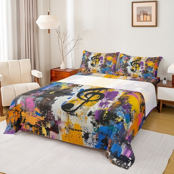 Manfei Kids Musical Note Bed Sheets, Hip Hop Street Graffiti King Sheets, Watercolor Artwork Sheet Set, Microfiber Bedroom Decor, 4 Pieces