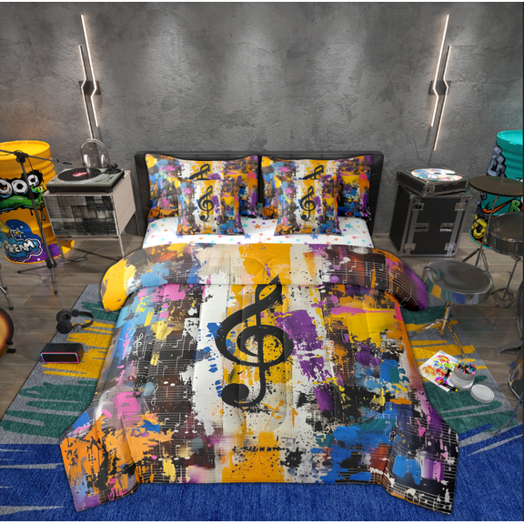 Manfei Kids Musical Note Twin Bedding Sets 7-Piece, Hip Hop Street Graffiti Bedding Comforter Set, Watercolor Artwork Reversible Sheet Sets, Microfiber Bedroom Decor