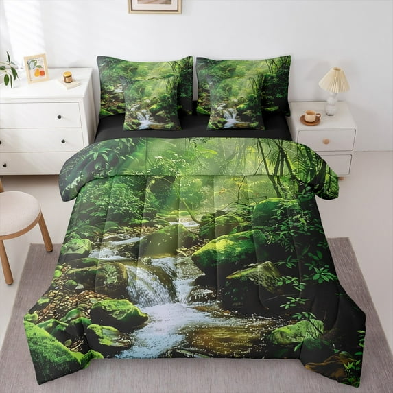 Manfei Kids Nature Jungle Twin Bedding Sets 7-Piece, Green Plant Botanical Bedding Comforter Set, Tree Leaf Reversible Sheet Sets, Lightweight Room Decor