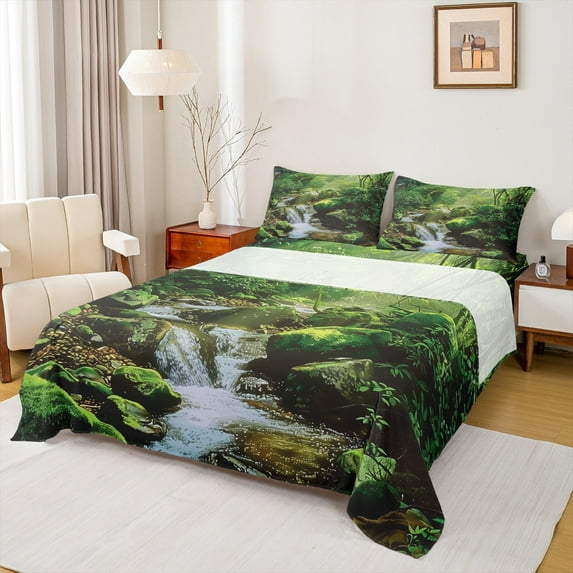 Manfei Kids Nature Jungle Twin Sheet Sets, Green Plant Botanical Twin Fitted Sheet, Tree Leaf Flat Sheet, Lightweight Room Decor, 3-Piece