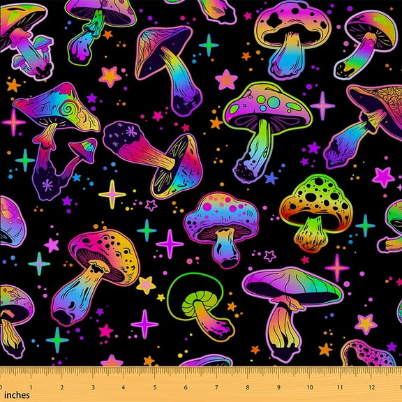 Manfei Kids Neon Mushroom Sewing & Crafting Fabric (1 Yard) for Girls Boys, Rainbow Stars Home Decor Fabric by the Yard, Wild Plants DIY Fabric
