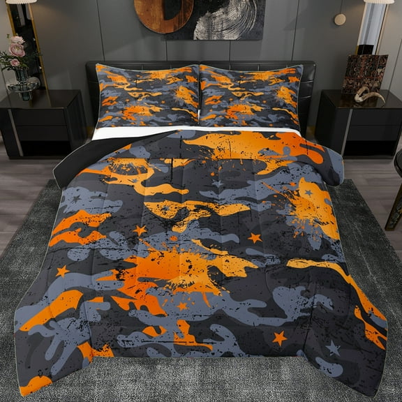 Manfei Kids Orange Camouflage Queen Comforter Set, Aesthetic Watercolor Bedding Sets, Fashion Artwork Splatter Reversible Bedding Comforter Set, Ultra Soft Bedroom Decor, 3-Piece