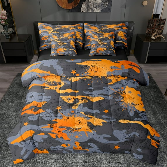 Manfei Kids Orange Camouflage Twin Bedding Sets 7-Piece, Aesthetic Watercolor Bedding Comforter Set, Fashion Artwork Splatter Reversible Sheet Sets, Ultra Soft Bedroom Decor