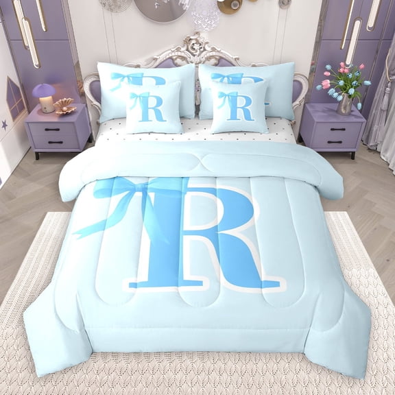 Manfei Kids Personalized Gifts 7-Piece Twin Bedding Sets,Blue Latter R Bedding Comforter Set,Lovely Bow Tie Sheet Sets For Girls Teens,Lightweight Room Decoration Reversible