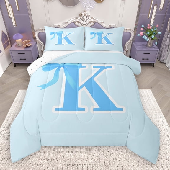 Manfei Kids Personalized Gifts Bedding Comforter Set,Blue Latter K Twin Comforter Sets,Lovely Bow Tie Bedding Set For Girls Teens,Lightweight Room Decoration Reversible,2-Piece