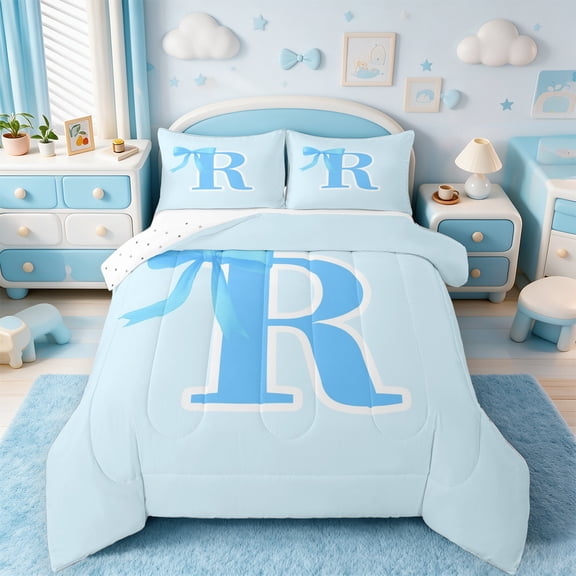 Manfei Kids Personalized Gifts Bedding Comforter Set,Blue Latter R Twin Comforter Sets,Lovely Bow Tie Bedding Set For Girls Teens,Lightweight Room Decoration Reversible,2pcs