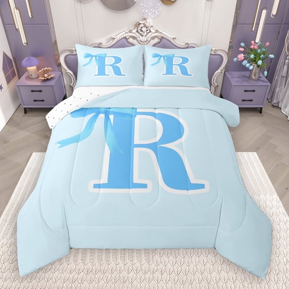 Manfei Kids Personalized Gifts Bedding Comforter Set,Blue Latter R Twin Comforter Sets,Lovely Bow Tie Bedding Set For Girls Teens,Lightweight Room Decoration Reversible,2pcs