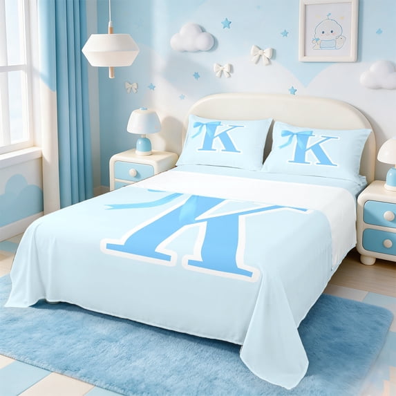 Manfei Kids Personalized Gifts Twin Sheet Sets,Blue Latter K Twin Fitted Sheet,Lovely Bow Tie Flat Sheet For Girls Teens,Lightweight Room Decoration,3-Piece