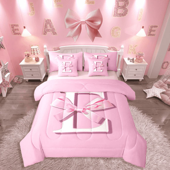 Manfei Kids Personalized Initial E 7pcs Twin Bedding Set - Kawaii Pink Bow Princess Style
