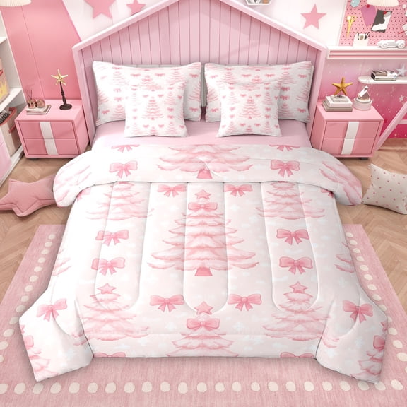Manfei Kids Pink Ribbon Christmas 7pcs Bedding Comforter Set, Dreamy Fairy Tale Queen Bedding Sets, Kawaii Christmas Stars Print Reversible Queen Sheet Sets, Microfiber Bedroom Decor