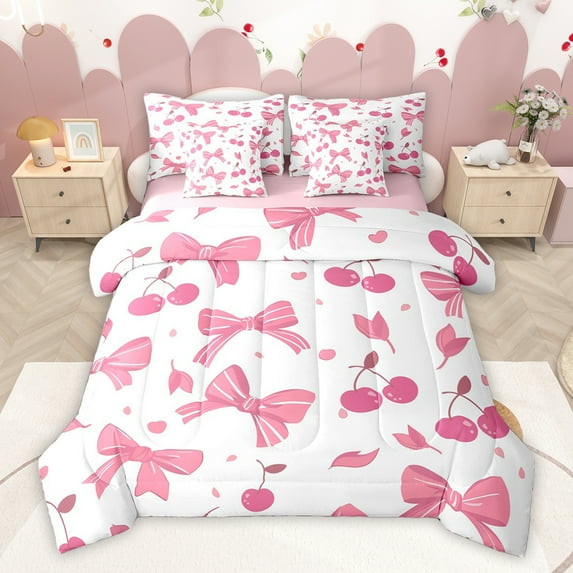 Homewish Kids Princess Bow-tie Bedding Comforter Set 7pcs for Teens, Kawaii Cherry Leaf Queen Bedding Sets, White Pink Cartoon Theme Reversible Queen Sheet Sets, Breathable Home Decor