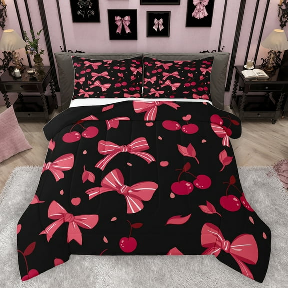 Homewish Kids Princess Bow-tie Bedding Comforter Set for Teens, Kawaii Cherry Twin Comforter Sets, Black Red Cartoon Theme Reversible Bedding Set, Super Cozy Room Decor, 2-Piece