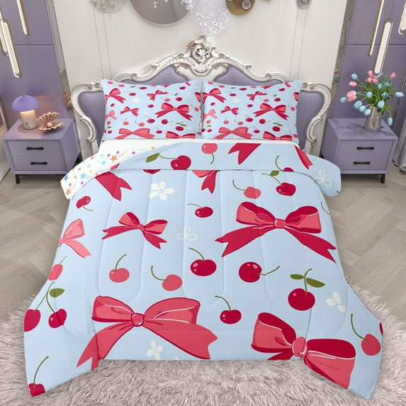 Homewish 2-Piece Kids Princess Bow-tie Twin Comforter Set, Red Cherry Blue Cartoon Decor