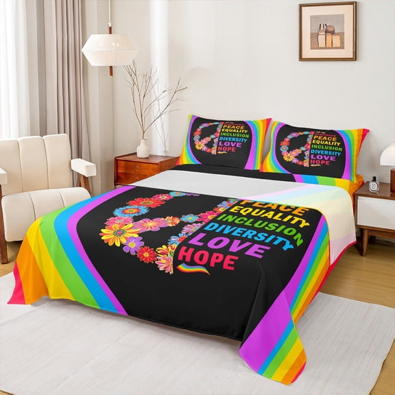 Manfei Kids Rainbow Twin Sheet Sets 3pcs, Flower Love Sign Twin Fitted Sheet, Groovy Party Theme Flat Sheet, Breathable Home Decor