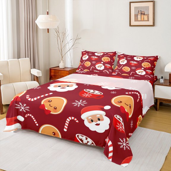 Manfei Kids Red Christmas Full Size Sheets 4pcs, Cartoon Santa Claus Bed Sheets, Winter Snowflakes Sheet Sets, Ultra Soft Home Decor