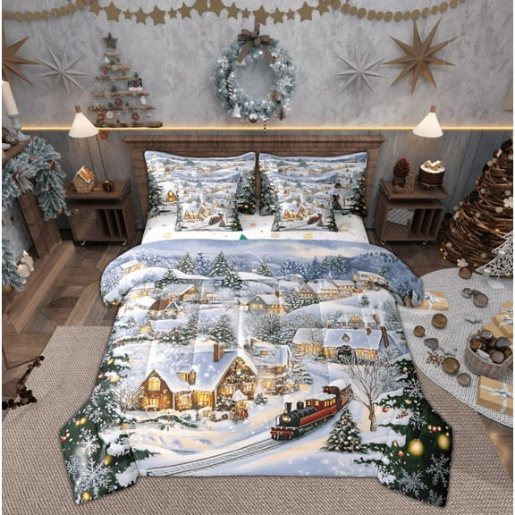 Manfei Kids Retro Train Bedding Comforter Set 7pcs, Western Christmas Eve Queen Bedding Sets, Dreamy Fairy Tale Reversible Queen Sheet Sets, Lightweight Room Decor