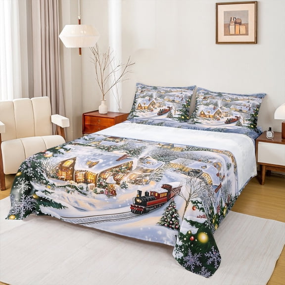 Manfei Kids Retro Train Twin Sheet Sets, Western Christmas Eve Twin Fitted Sheet, Dreamy Fairy Tale Flat Sheet, Lightweight Room Decor, 3-Piece