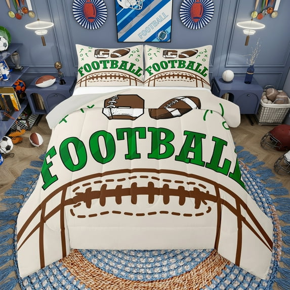 Manfei Kids Rugby Game Bedding Comforter Set,American Rugby Games Sport Twin Comforter Sets,Beige Green Brown Bedding Set For Boys Teens,Microfiber Bedroom Decor Reversible,2 Pieces