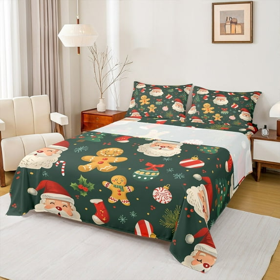 Manfei Kids Santa Claus Twin Sheet Sets 3 Pieces, Cartoon Gingerbread Stocking Twin Fitted Sheet, Merry Christmas Flat Sheet, Super Cozy Room Decor