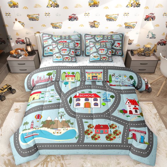 Manfei 7-Piece King Kids School Bedding Set - Cartoon Street Lines