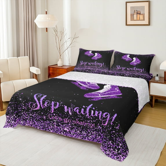 Manfei Kids Skating Lover Queen Sheet Sets, Black Purple Sequin Print Flat Sheet, Modern Sports Lover Queen Fitted Sheet, Super Cozy Room Decor, 4-Piece