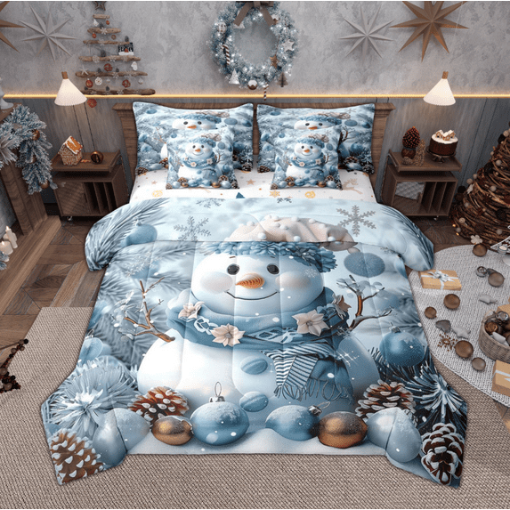 Manfei Kids Snowman Bedding Comforter Set 7-Piece for Boys Girls, Gray Merry Christmas King Bedding Sets, Xmas Ball Pine Corn Bed Sheets, Lightweight Room Decor