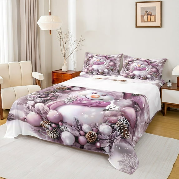 Manfei Kids Snowman Full Size Sheets for Boys Girls, Pink Merry Christmas Bed Sheets, Xmas Ball Pine Corn Sheet Sets, Breathable Home Decor 4pcs