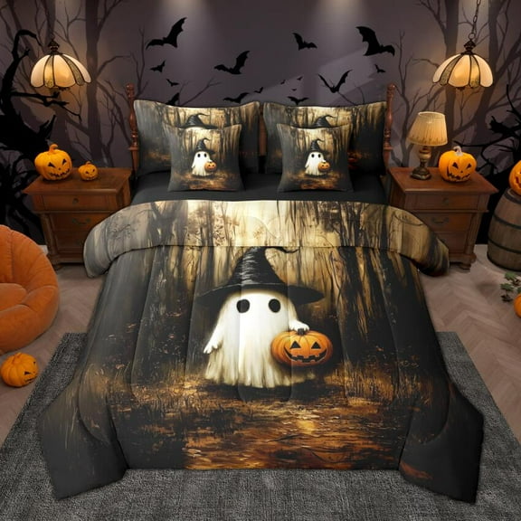 Manfei Kids Spooky Animal Bedding Comforter Set 7-Piece, Cute Halloween Ghost King Bedding Sets, Gothic Jungle Branches Bed Sheets, Super Cozy Room Decor