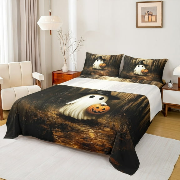 Manfei Kids Spooky Animal Full Size Sheets 4pcs, Cute Halloween Ghost Bed Sheets, Gothic Jungle Branches Sheet Sets, Super Cozy Room Decor