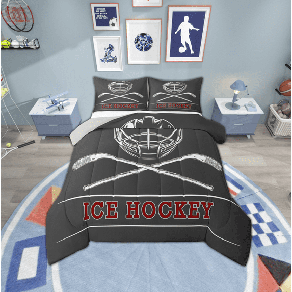 Manfei Kids Sports Game Queen Comforter Set,Ice Hockey Bedding Sets,Red White Gray Bedding Comforter Set For Boys,Breathable Room Decor Reversible,3-Piece