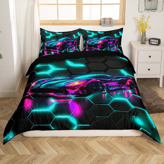 Manfei Kids Teens Adults Abstract Gradient Racing Car 3 Pieces Duvet Cover Queen,Geometric Honeycomb Lightweight Comforter Cover Queen,Extreme Sport Breathable Bedding Sets Queen Size(No Comforter)