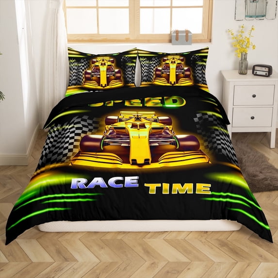 Manfei Kids Teens Adults Sport Racing Car 2pcs Duvet Cover Twin,Minimalist Geometric Plaid Bedding Sets Twin Size,Yellow Green Comforter Cover Breathable,Super Cozy Bedroom Decorative(No Comforter)