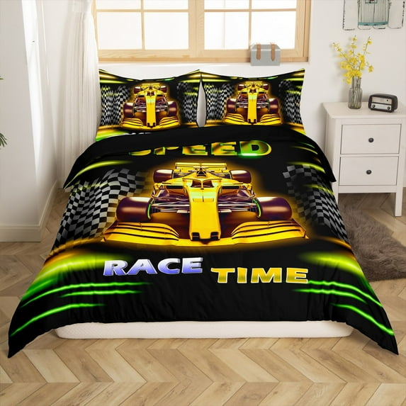 Manfei Kids Teens Adults Sport Racing Car 2pcs Duvet Cover Twin,Minimalist Geometric Plaid Bedding Sets Twin Size,Yellow Green Comforter Cover Breathable,Super Cozy Bedroom Decorative(No Comforter)