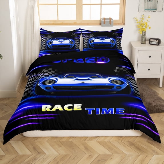 Manfei Kids Teens Adults Sport Racing Car 3pcs Duvet Cover King,Minimalist Geometric Plaid Ultra Soft Bedding King Size,Black Blue Microfiber Comforter Cover King(No Comforter)