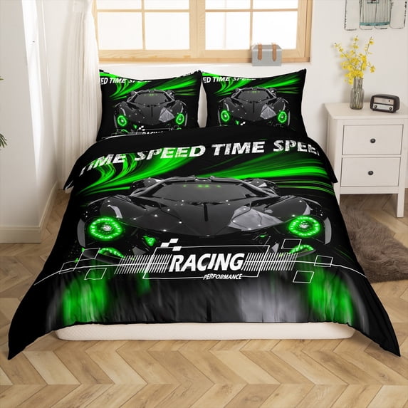 Manfei Kids Teens Adults Sport Racing Car 3pcs Duvet Cover King,Minimalist Geometric Plaid Ultra Soft Bedding King Size,Black Green Microfiber Comforter Cover King(No Comforter)