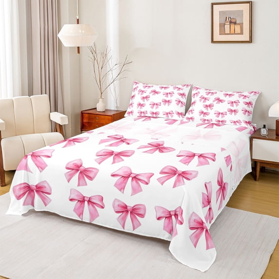 Manfei Kids Teens Girls Cartoon Pink Ribbon Bow 4pcs Bed Sheets,Cute Bow Knot King Sheets,Dreamy Princess Bowtie Super Cozy Sheet Set,Luxury Bedroom Decor