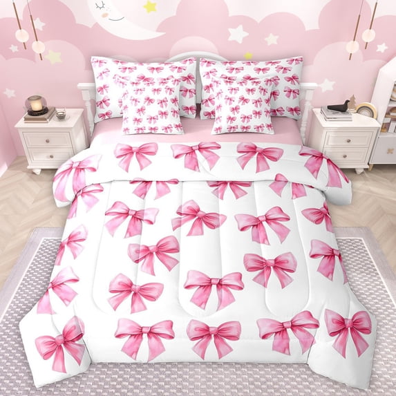 Manfei Kids Teens Girls Cartoon Pink Ribbon Bow Bedding Comforter Set 7 Pieces,Cute Bow Knot Full Bedding Set Lightweight,Dreamy Princess Bowtie Fitted Sheet Flat Sheet,Luxury Bedroom Decor