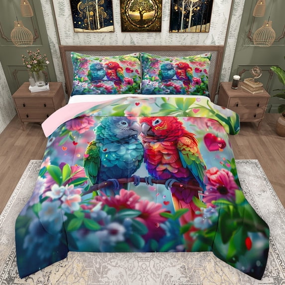 Manfei Kids Teens Kawaii Parrots Couple 3 Pieces Queen Comforter Set,Happy Valentine's Day Ultra Soft Bedding Sets,Romantic Lover Bedding Comforter Set Breathable,Microfiber Bedroom Decor,Reversible