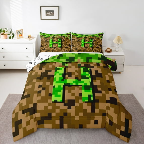 Manfei Kids Teens Personalized Initial Letter H 2pcs Bedding Comforter Set,Brown Green Twin Comforter Sets,Construction Game Breathable Bedding Set,Breathable Home Decor,Reversible