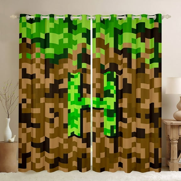 Manfei Kids Teens Personalized Initial Letter H Black Out Curtains,Brown Green Curtains Pack of 2 (42x63 Each),Construction Game Bedroom Curtains,Breathable Home Decor
