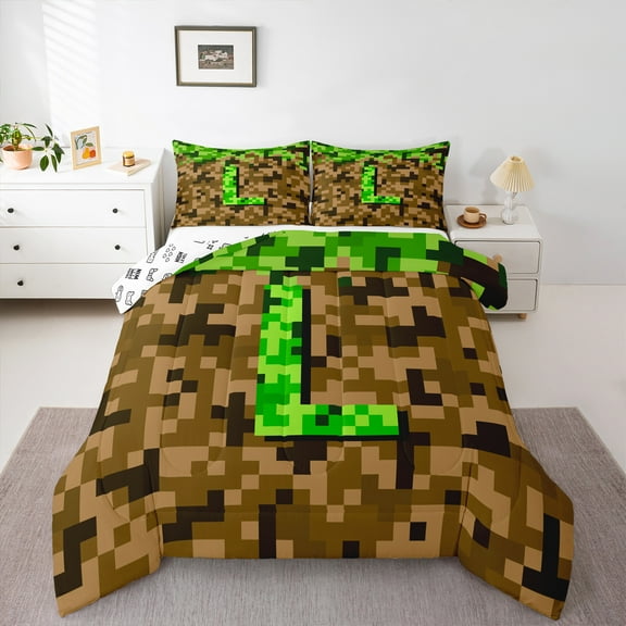 Manfei Kids Teens Personalized Initial Letter L 2pcs Bedding Comforter Set,Brown Green Twin Comforter Sets,Construction Game Breathable Bedding Set,Breathable Home Decor,Reversible