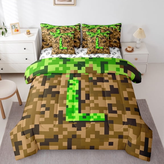 Manfei Kids Teens Personalized Initial Letter L 7-Piece Bedding Comforter Set,Brown Green King Bedding Sets,Construction Game Ultra Soft Bed Sheets,Breathable Home Decor,Reversible