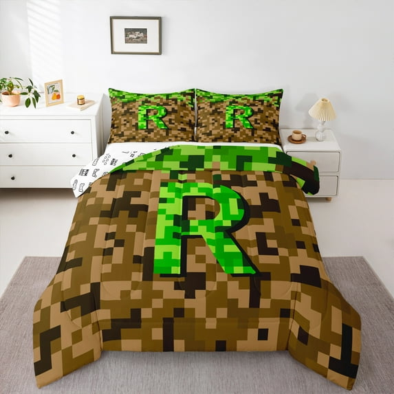 Manfei Kids Teens Personalized Initial Letter R 3 Pieces Queen Comforter Set,Brown Green Ultra Soft Bedding Sets,Construction Game Bedding Comforter Set,Breathable Home Decor,Reversible