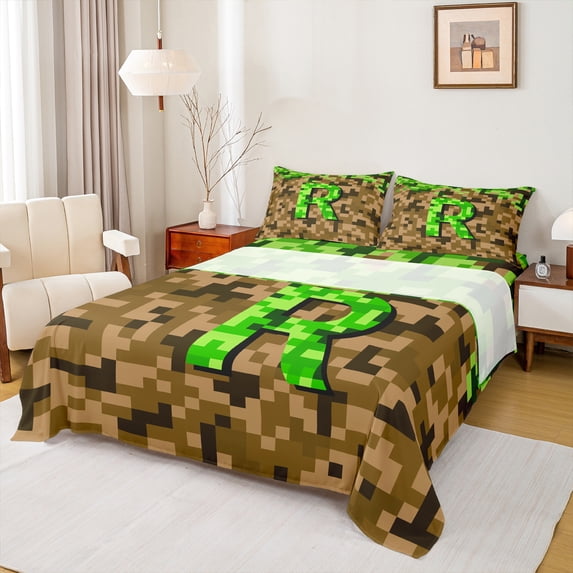 Manfei Kids Teens Personalized Initial Letter R 3pcs Twin Sheet Sets,Brown Green Twin Fitted Sheet,Construction Game Breathable Flat Sheet,Breathable Home Decor
