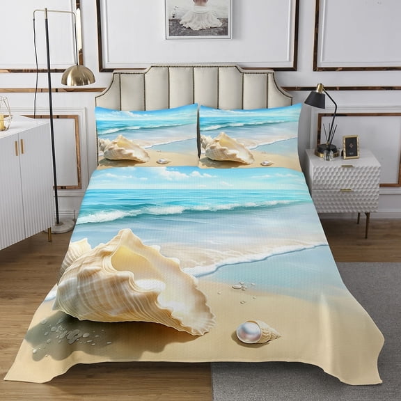 Manfei Kids Teens Sea Seashell Quilt Sets for Full Size Bed 3-Piece,Hawaiian Beach Coverlet Set Full,Ocean Theme Lightweight Bedding Set,Microfiber Bedroom Decor