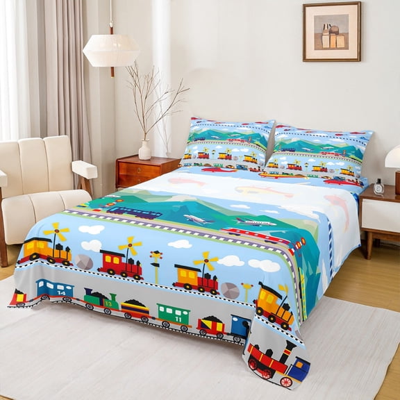 Manfei Kids Transportation Twin Sheet Sets 3pcs, Helicopter Truck Twin Fitted Sheet, Cartoon Train Flat Sheet, Breathable Home Decor
