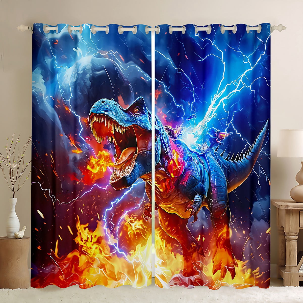 Manfei Kids Tyrannosaurus Rex Black Out Curtains, Boys Dinosaur Curtains Pack of 2 (42x63 Each), Fire Lightning Dino Bedroom Curtains, Luxury Room Decor