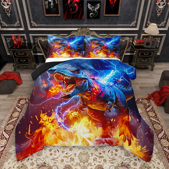 Manfei Kids Tyrannosaurus Rex Full Size Comforter Sets 3-Piece, Boys Dinosaur Bedding Comforter Set, Fire Lightning Dino Bedding Sets, Lightweight Room Decor