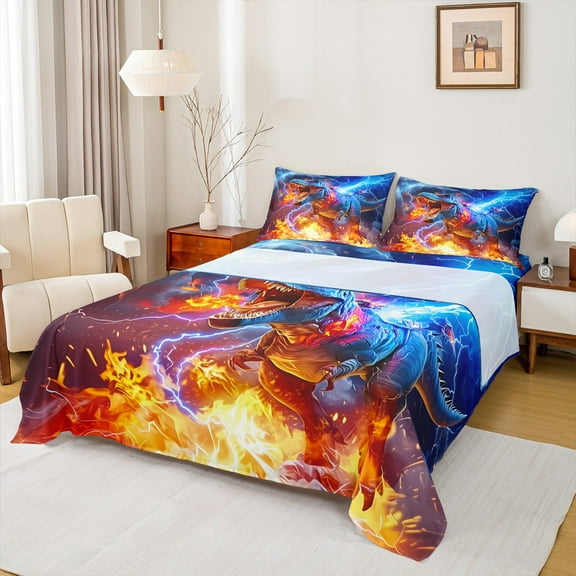 Manfei Kids Tyrannosaurus Rex Twin Sheet Sets 3pcs, Boys Dinosaur Twin Fitted Sheet, Fire Lightning Dino Flat Sheet, Lightweight Room Decor